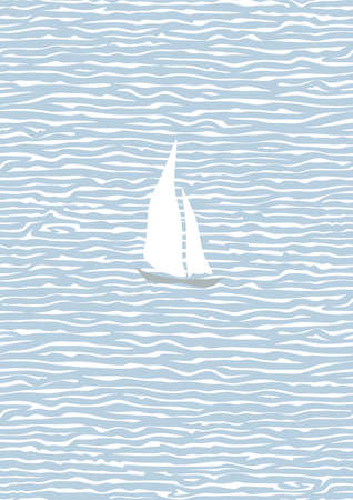 Painting with the sea and a sailboat. Blue endless sea, white waves, sails. Calm and relaxation. Wall mounted vertical picture for office or home interior decoration. Flat style. Vector illustrationのイラスト素材