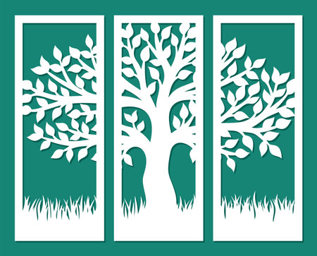 Decorative panel with wood. Drawing from three rectangular parts. Branches of a tree with leaves, trunk, foliage and grass. Vector layout for printing or plotter laser cutting of metal, paper, wood.のイラスト素材