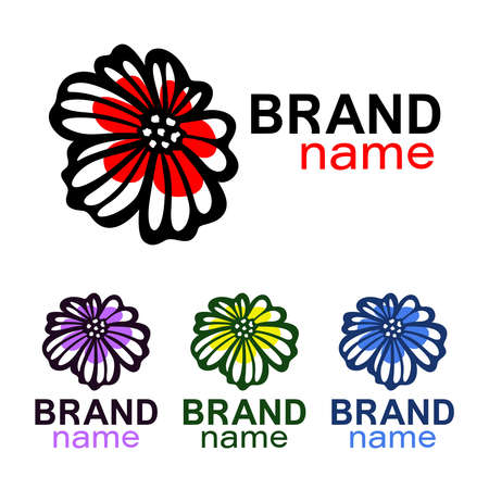 Beautiful flower logo. Blooming bud of chamomile, daisy or poppy. Black lines, red petals. Sign, icon for flower shop, beauty salon. The theme of nature, plants, parks, gardens. Vector illustration.のイラスト素材