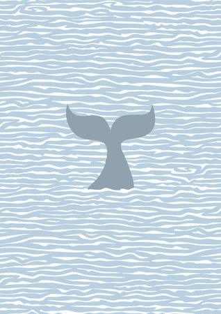 Poster with a seascape. Blue ocean, white waves, calm sea and the gray tail of a huge whale peeking out of the water. Simple style, minimalism, flat design, interior decoration. Vector illustration.のイラスト素材