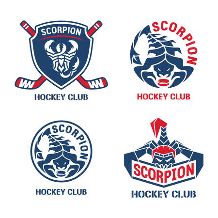 Hockey logo set. Shield, sticks, pucks and text Scorpion, hockey club. Red and blue colors, white background. Flat style. Icon, sign, symbol for a sports team, school, competition. Vector illustrationのイラスト素材