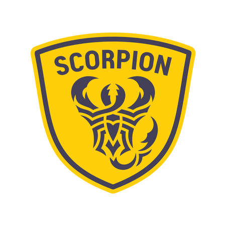 Scorpion logo and word on the shield on white background. Symbol, badge, identity for a sports team or security company. Black and yellow colors. Flat style. Vector illustration.のイラスト素材