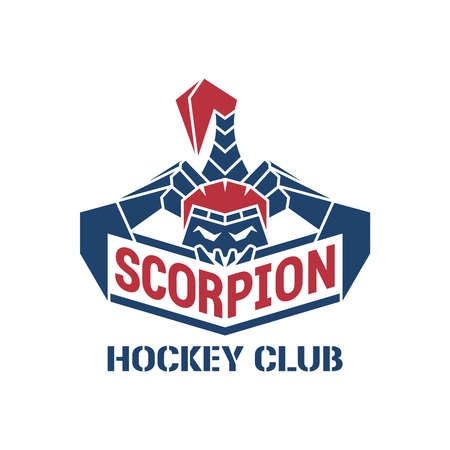 Scorpion hockey club. A blue scorpion in a red helmet on a white background holds an inscription. Menacing, frightening look, sharp claws and tail. Sports team emblem. Vector illustration.のイラスト素材