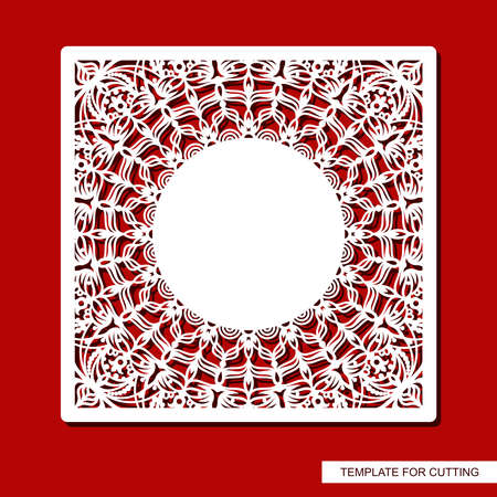 Square frame with a carved pattern. Openwork border with floral ornaments, curls. Wedding invitation, card with place for text (copy space). Vector template for plotter laser cutting of paper, cnc.のイラスト素材