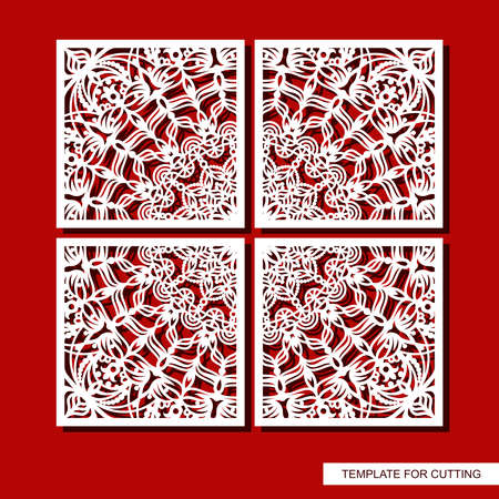 Four-piece square panel, picture. Oriental pattern, curls, decorative carved ornament, leaves and floral motifs. Vector template for plotter laser cutting of paper, metal engraving, wood carving, cnc.のイラスト素材