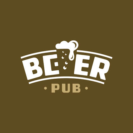Beer pub . Negative space in the form of a mug with foam and bubbles. Sign for signboard, label, club. Simple minimalism style. White badge on dark brown background. Vector image.のイラスト素材