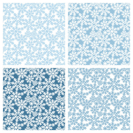Set of seamless patterns with snowflakes. Christmas, winter, snowfall theme. Blue and white calm colors. Endlessly repeating texture for fabrics, pillows, wrapping paper, wallpaper, web backgrounds.のイラスト素材