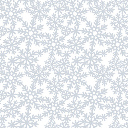 Square seamless pattern with snowflakes. Seasonal theme of christmas, winter, snowfall. Gray silvery snow on a white background. Infinitely repeating texture for fabrics, pillows, wrapping paper, web.のイラスト素材