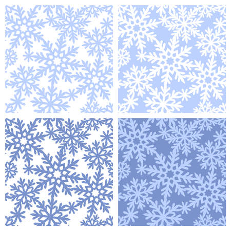Set of seamless patterns with snowflakes. Christmas, winter, snowfall theme. Blue and white calm colors. Endlessly repeating texture for fabrics, pillows, wrapping paper, wallpaper, web backgrounds.のイラスト素材