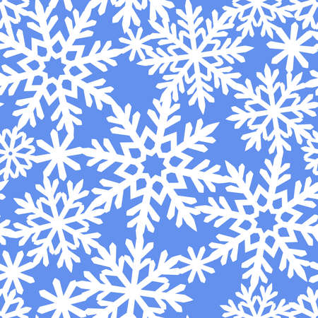 Square seamless pattern with snowflakes. Seasonal theme of christmas, winter, december. White snow on a blue background. Infinitely repeating texture for fabric, wrapping paper. Vector illustration.のイラスト素材