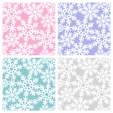 Set of seamless patterns with white snowflakes. Christmas, winter, snowfall theme. Pink, purple, green and gray backgrounds. Endlessly repeating textures for fabrics, pillow, wrapping paper, wallpaperのイラスト素材
