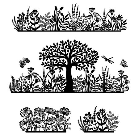 Set of silhouettes of plant themes. Panels with wood, meadow, flowers, herbs, leaves, twigs and insects. Black isolated objects on a white background. Vector template for plotter laser cutting, cnc.のイラスト素材