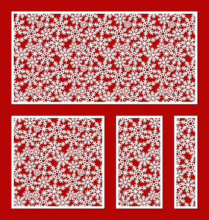 Set of winter panels with snowflakes. Narrow and wide borders. Square, rectangular shapes. Decoration for holidays, Christmas, New Year. Vector template for plotter laser cutting of paper, wood, cnc.のイラスト素材