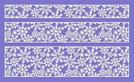 Set of winter panels with snowflakes. Narrow and wide borders. Horizontal rectangular shape. Decoration for holidays, Christmas, New Year. Vector template for plotter laser cutting of paper, wood, cncのイラスト素材
