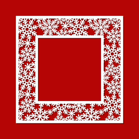 Square photo frame with snowflakes. Winter decoration for Christmas, New Year holidays. Template for plotter laser cutting of paper, metal engraving, wood carving, plywood, cnc. Vector illustration.のイラスト素材