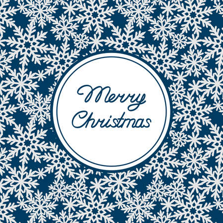 Square greeting card - Merry Christmas. Dark blue background with white snowflakes and a circle in the middle with congratulatory text. Party invitation, New Years flyer or holiday cover. Vector.のイラスト素材