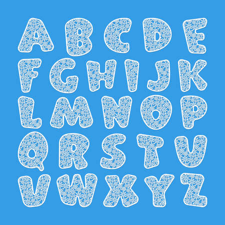 Funny Christmas font. Set of white cartoon letters from snowflakes on a blue background. Rounded irregular shapes, cute childish style. Winter festive theme. Pattern for plotter laser cutting, cnc.のイラスト素材