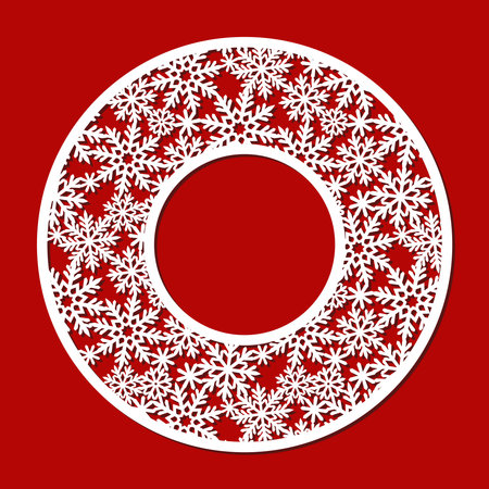 Round frame with winter ornament. Openwork circle border of snowflakes. Decoration for Christmas, New Year. Vector template for plotter laser cutting of paper, plywood, wood carving, metal engraving.のイラスト素材