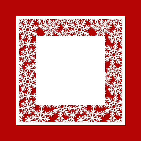 Square Christmas empty blank with a carved pattern. Openwork border of snowflakes. Template for New Year greeting card, invitation, winter certificate. Vector layout for plotter laser cutting, cnc.のイラスト素材