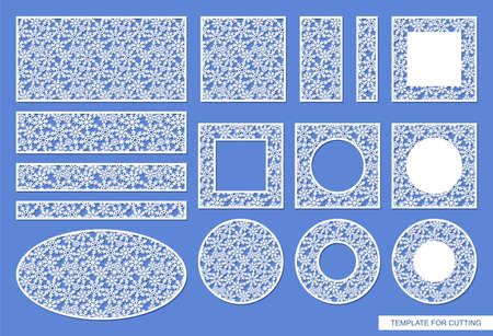Set of panels with snowflakes. Winter decorations, photo frames, blank forms for Christmas, New Year holidays. Round, square, oval, rectangular shapes. Vector layout for plotter laser cutting, cnc.のイラスト素材