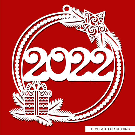 Christmas ball with numbers 2022. Round hanging decoration for the New Year holidays. Frame with a star, a gift, spruce branches. Vector template for plotter laser cutting of paper, wood carving.のイラスト素材