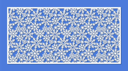 Winter panel with snowflakes. Wide border, lace ornament, horizontal rectangular shape. Decoration for holidays, Christmas, New Year. Vector template for plotter laser cutting of paper, wood, cnc.のイラスト素材