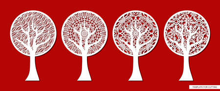 Set of four abstract stylized trees. Round crowns from snowflakes, leaves, patterns, lace ornament. Symbolizes the changing seasons - spring, summer, winter, autumn. Template for plotter laser cuttingのイラスト素材