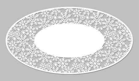 Decorative Christmas blank. Oval, elliptical shape, place for text. Lace border from snowflakes, crystals, snow. Template cards or invitations for plotter laser paper cutting, cnc. Vector illustrationのイラスト素材