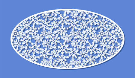 Decorative Christmas panel. Oval, ellipse shapes. Lace pattern from snowflakes, crystals, snow. Template for plotter laser cutting of paper, metal engraving, wood carving, plywood, cnc. Vector image.のイラスト素材