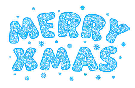 Text - Merry Xmas. Blue funny letters from snowflakes isolated on white background. Cute childish style. Festive theme of Christmas, New Year. Greeting inscription for card, invitation, congratulationのイラスト素材