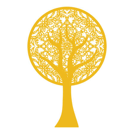 Abstract decorative tree with lace pattern. Ornament instead of leaves, trunk and branches are isolated on a white background. Round shape of the stylized crown. Gold yellow color. Vector illustrationのイラスト素材