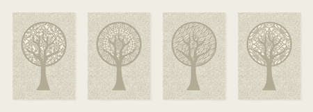 Set of four abstract wall picture. Seasonality theme. Stylized trees of calm pastel beige color. Round crown made of snowflakes, leaves, patterns, mandala ornament. Textured background - canvas, linenのイラスト素材