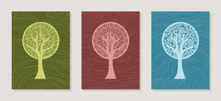 Set of three abstract posters. Stylized trees with a round crown of blue snowflakes, green leaves, red ornaments. Striped backgrounds. Stylish, modern paintings for interior decoration. Vector image.のイラスト素材