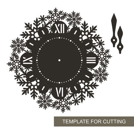 Silhouette of decorative wall clock. Roman numerals, hour and minute hands, openwork dial with a pattern of snowflakes. Interior decoration, gift for winter holidays, Christmas, New Year. Vector imageのイラスト素材