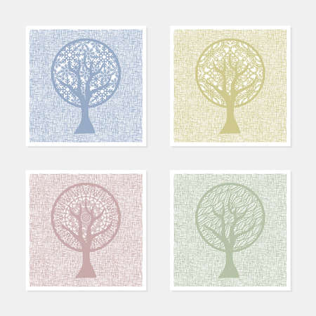 Set of four square abstract paintings. Theme of the changing seasons. Stylized trees of calm pastel colors - blue, green, gold yellow, red. Textured background - canvas, linen, burlap. Wall picture.のイラスト素材