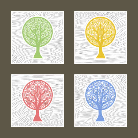 Set of four square abstract posters. The theme of the changing seasons of the year. Stylized trees with a round crown of snowflakes, leaves, patterns. White background with black stripes. Vector.のイラスト素材