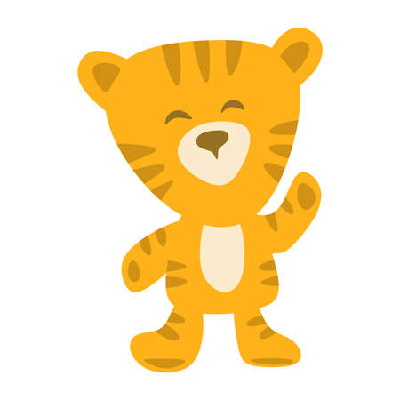 Funny cartoon tiger. Stands and waves his hand. Orange striped character on a white background. Children's flat style. Vector illustration.のイラスト素材