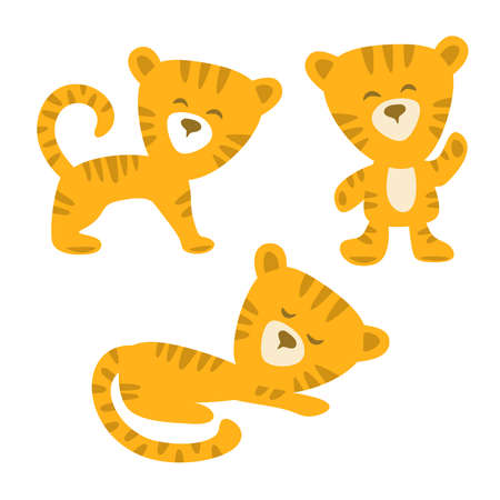 Set of funny tiger cubs. Simple children's flat style. Orange striped animals isolated on white background. The tigers are standing, waving their paws, lying, sleeping. Vector illustration.のイラスト素材