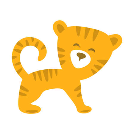 Funny cartoon tiger. Orange striped character on a white background. Children's flat style. Vector illustration.のイラスト素材