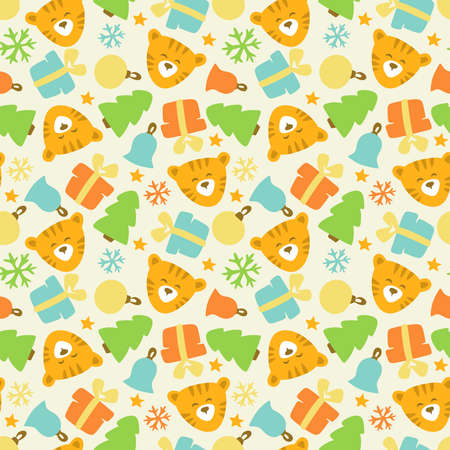 Seamless Christmas pattern. Tiger head, Christmas trees, colorful gifts, balls, bells on a beige background. Childrens cartoon style. Endlessly repeating background for fabric, textile, wrapping paperのイラスト素材