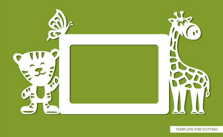 Horizontal rectangular photo frame with animals. Children's cartoon style. Silhouette of funny giraffe, cute tiger and butterfly. Place for text, copy space. Vector template for plotter laser cutting.のイラスト素材