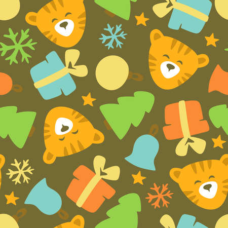 Seamless Christmas pattern. Tiger face, Christmas trees, colorful gifts, balls, bells on a brown background. Childrens cartoon style. Endlessly repeating background for fabric, textile, wrapping paperのイラスト素材
