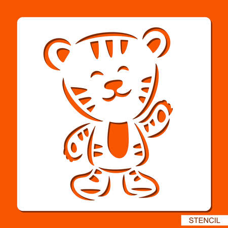 Stencil with a cheerful tiger. Cartoon childish style. Template for plotter laser cutting of paper, plastic, cnc. Vector illustration.のイラスト素材