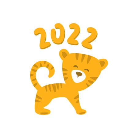 Greeting card with tiger cub and text - 2022. Cute orange striped character isolated on white background. The symbol of the New Year. Simple children's flat style. Vector illustration.のイラスト素材
