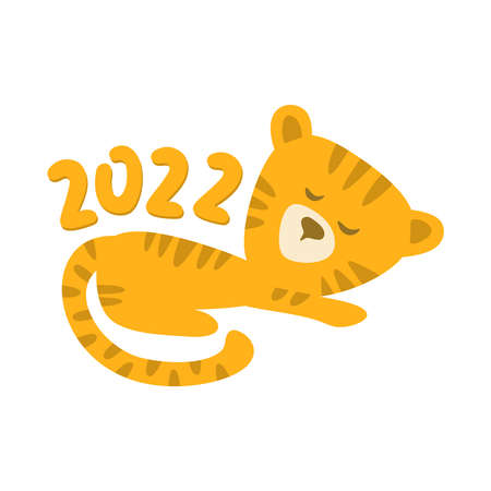 Greeting card with tiger cub and text - 2022. Cute orange striped character isolated on white background. The symbol of the New Year. Simple children's flat style. Vector illustration.のイラスト素材