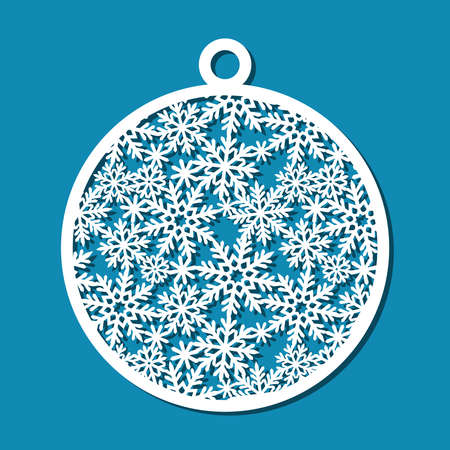 Christmas ball with snowflakes. Round winter decoration for New Years holidays. White object on blue. Template for plotter laser paper cutting, metal engraving, wood carving, cnc. Vector illustration.のイラスト素材
