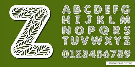 Letter Z made of leaves. Eco font for spring, summer, autumn. Theme of plants, nature. White symbol on green background. Template for printing, plotter laser cutting of paper, cnc. Vector illustrationのイラスト素材