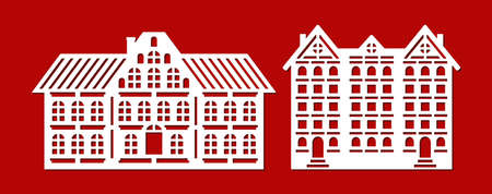 Set of silhouettes of houses. Facades of various buildings, houses, palaces, cottages, townhouses. Many floors, attic, roof, chimney, windows, door. Vector template for plotter laser cutting of paper.のイラスト素材