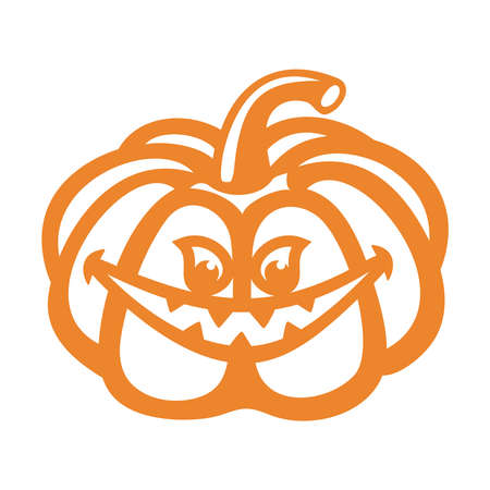 Carved silhouette of pumpkin lantern. Halloween decoration mockup. Evil eyes, terrible grin. Orange object on a white background. Vector illustration, template for plotter laser cutting of paper, cnc.のイラスト素材