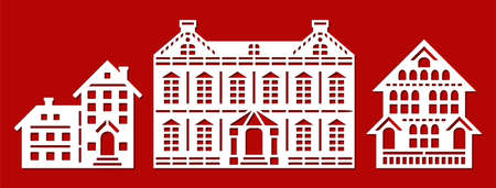 Set of silhouettes of houses. Facades of various buildings, houses, palaces, cottages, townhouses. Many floors, attic, roof, chimney, windows, door. Vector template for plotter laser cutting of paper.のイラスト素材
